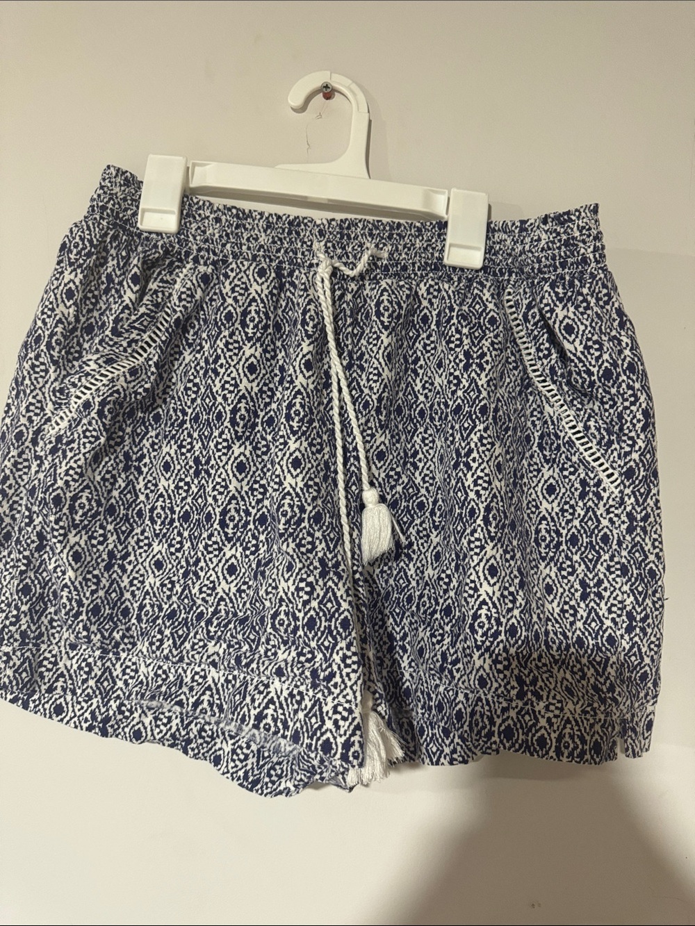 Women's Blue Ikat Elastic Waist Shorts with Tassel Drawcord